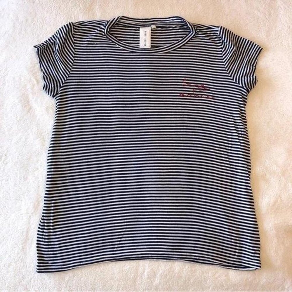 Anthropologie Embroidered T Shirt Short Sleeve Blue and White Stripe Size XS